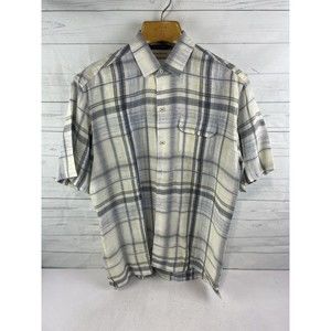 Tommy Bahama Shirt Large Yellow Gray Blue Plaid Beach 100% Linen Mens